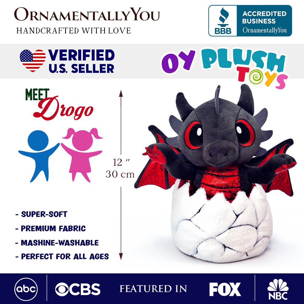Drogo the Dino in an Egg Plushie, 12" Black and Red Dinosaur Stuffed Animal Gift for Boys and Teens