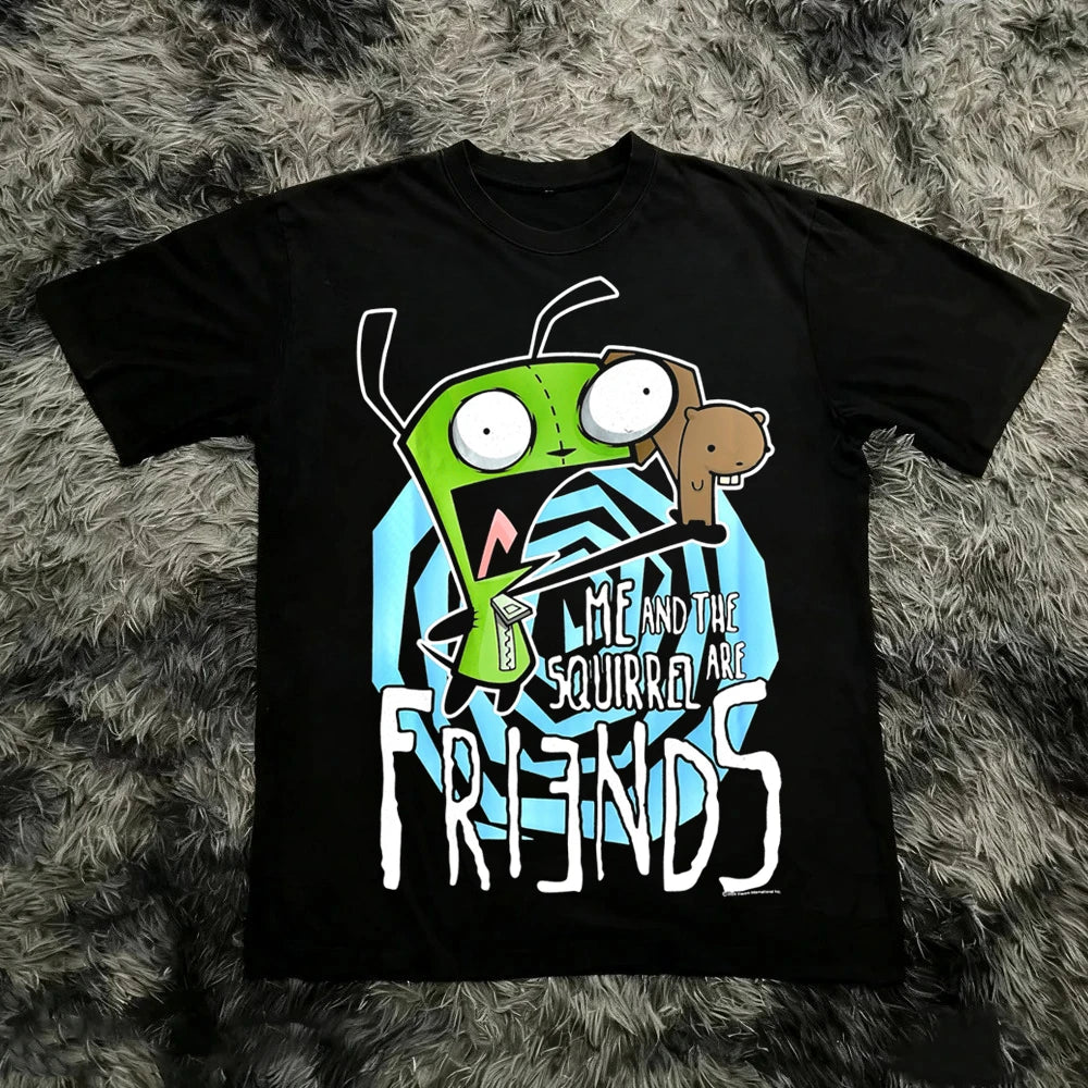 Vintage Invader Zim Cartoon Print Short Sleeve T-Shirt Retro Unisex Graphic Tee 90s Nostalgia Summer Streetwear Y2K Tee Top
