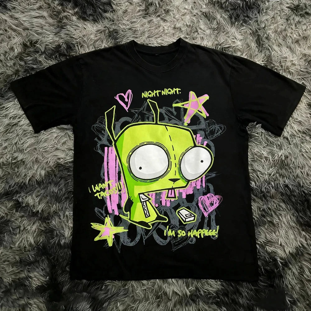 Vintage Invader Zim Cartoon Print Short Sleeve T-Shirt Retro Unisex Graphic Tee 90s Nostalgia Summer Streetwear Y2K Tee Top