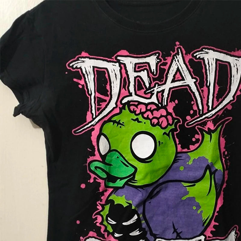 Cute Print Black Cartoon Crop Top Basic Casual Crewneck Short Sleeve T-shirt Women Harajuku Slim Tee Vintage Fashion y2k Outfits