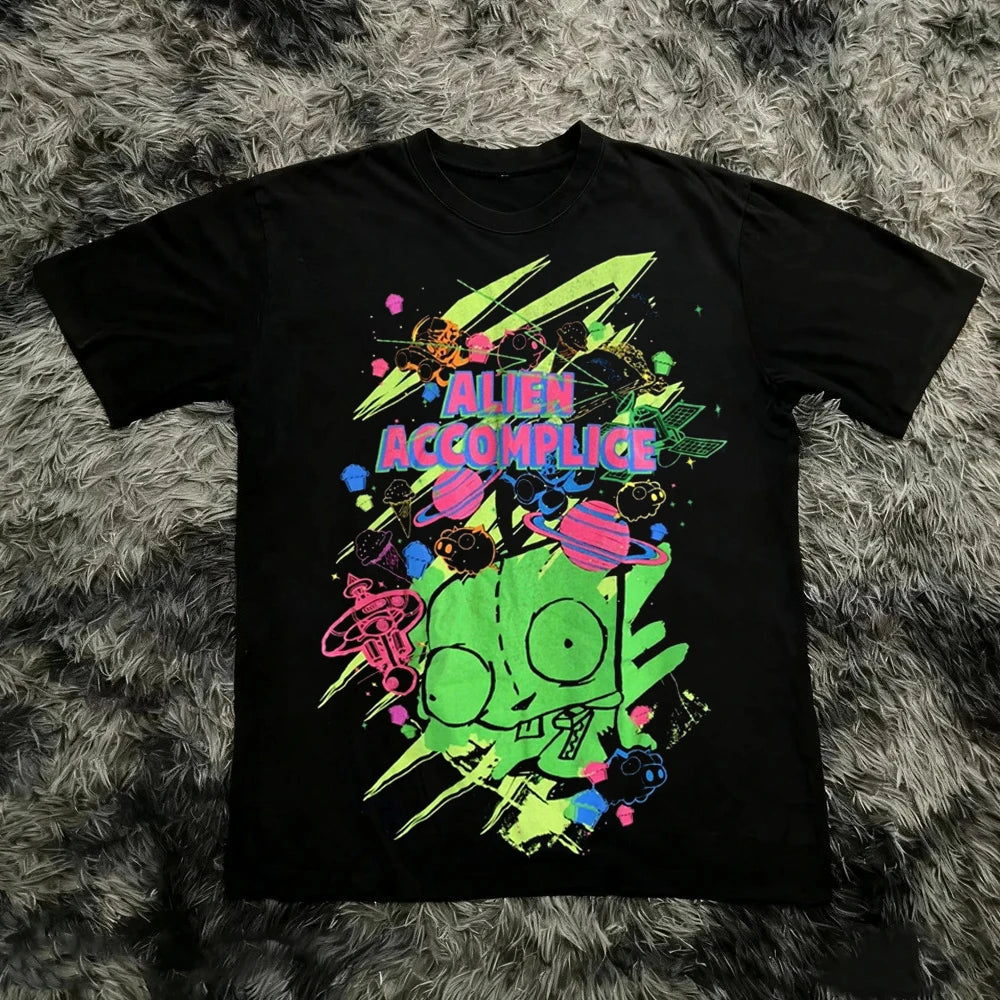 Vintage Invader Zim Cartoon Print Short Sleeve T-Shirt Retro Unisex Graphic Tee 90s Nostalgia Summer Streetwear Y2K Tee Top