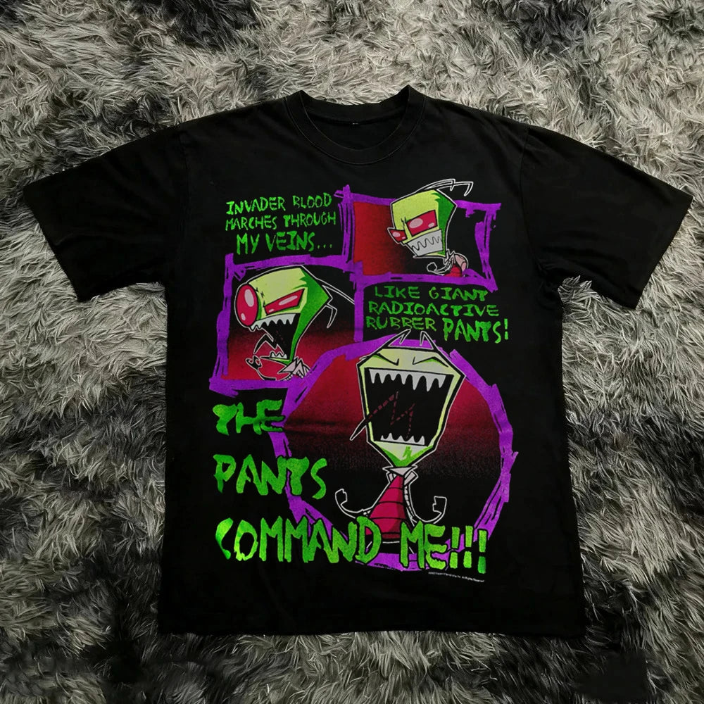 Vintage Invader Zim Cartoon Print Short Sleeve T-Shirt Retro Unisex Graphic Tee 90s Nostalgia Summer Streetwear Y2K Tee Top