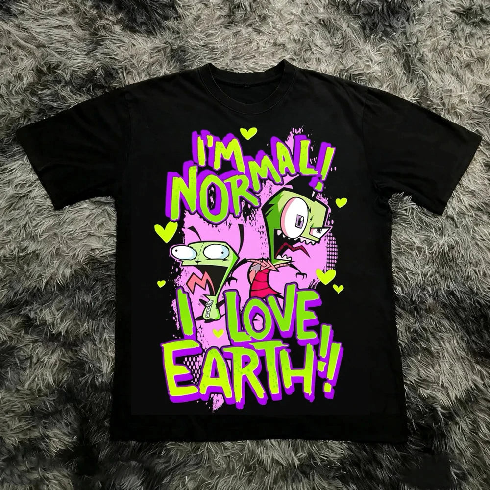 Vintage Invader Zim Cartoon Print Short Sleeve T-Shirt Retro Unisex Graphic Tee 90s Nostalgia Summer Streetwear Y2K Tee Top