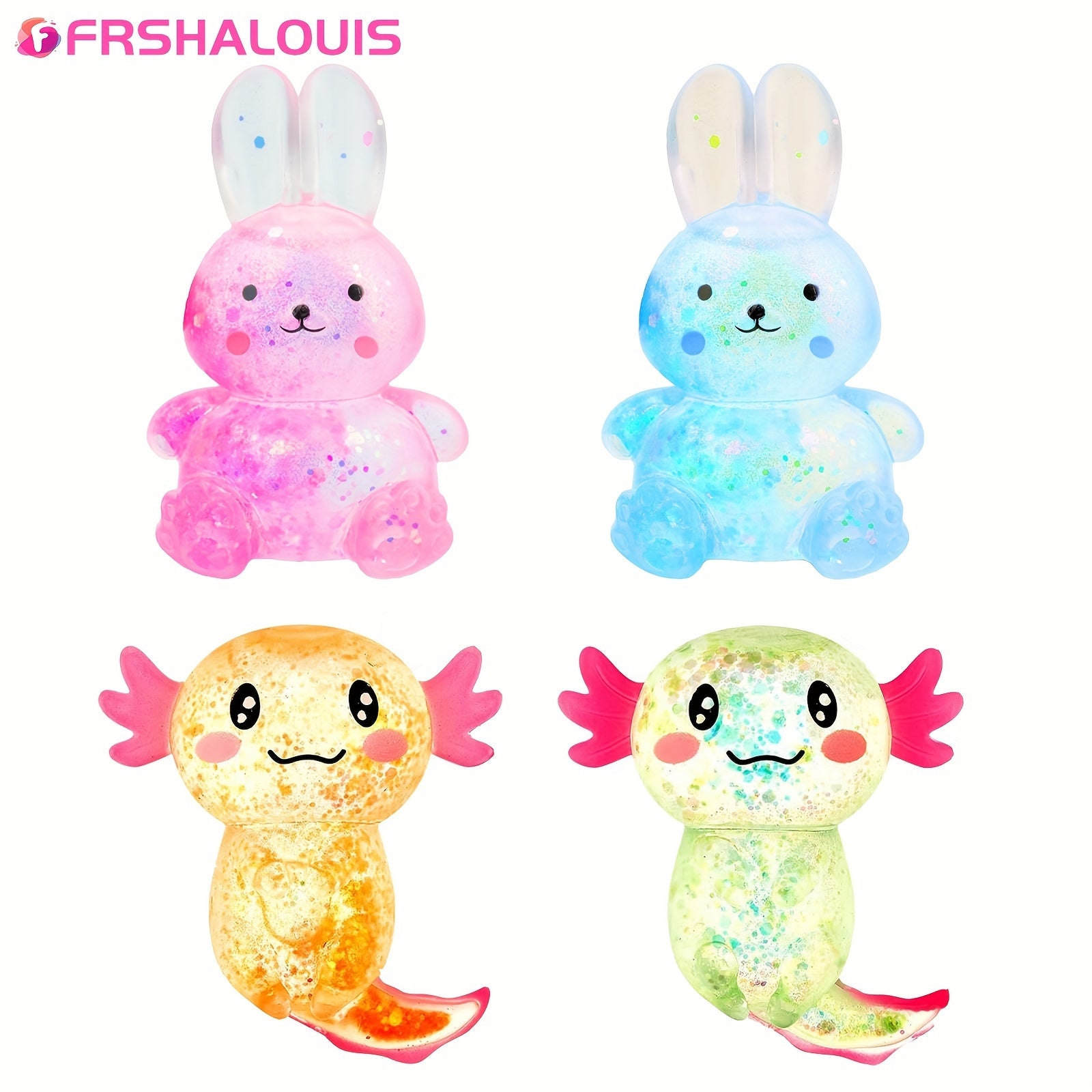 FRSHALOUIS 4pcs Squishy Fidget Stress Balls - Axolotl Rabbit Sensory Toys For Kids And Adults