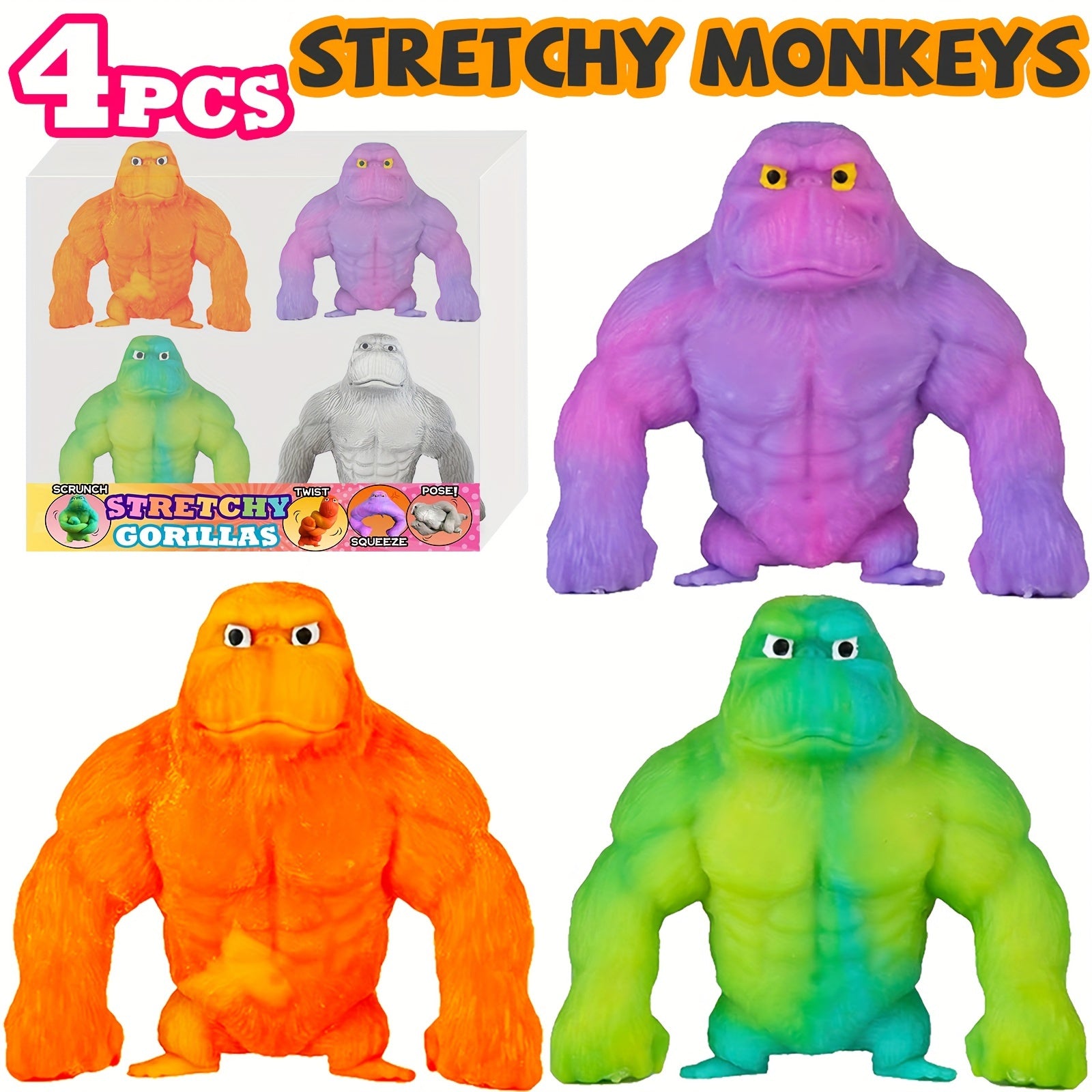 4 Pack Funkee Monkee Mega 4 Pack - Stretch, Squish, And Even Squeeze These Monkeys For Stress Relief - Original Sensory/Fidgets